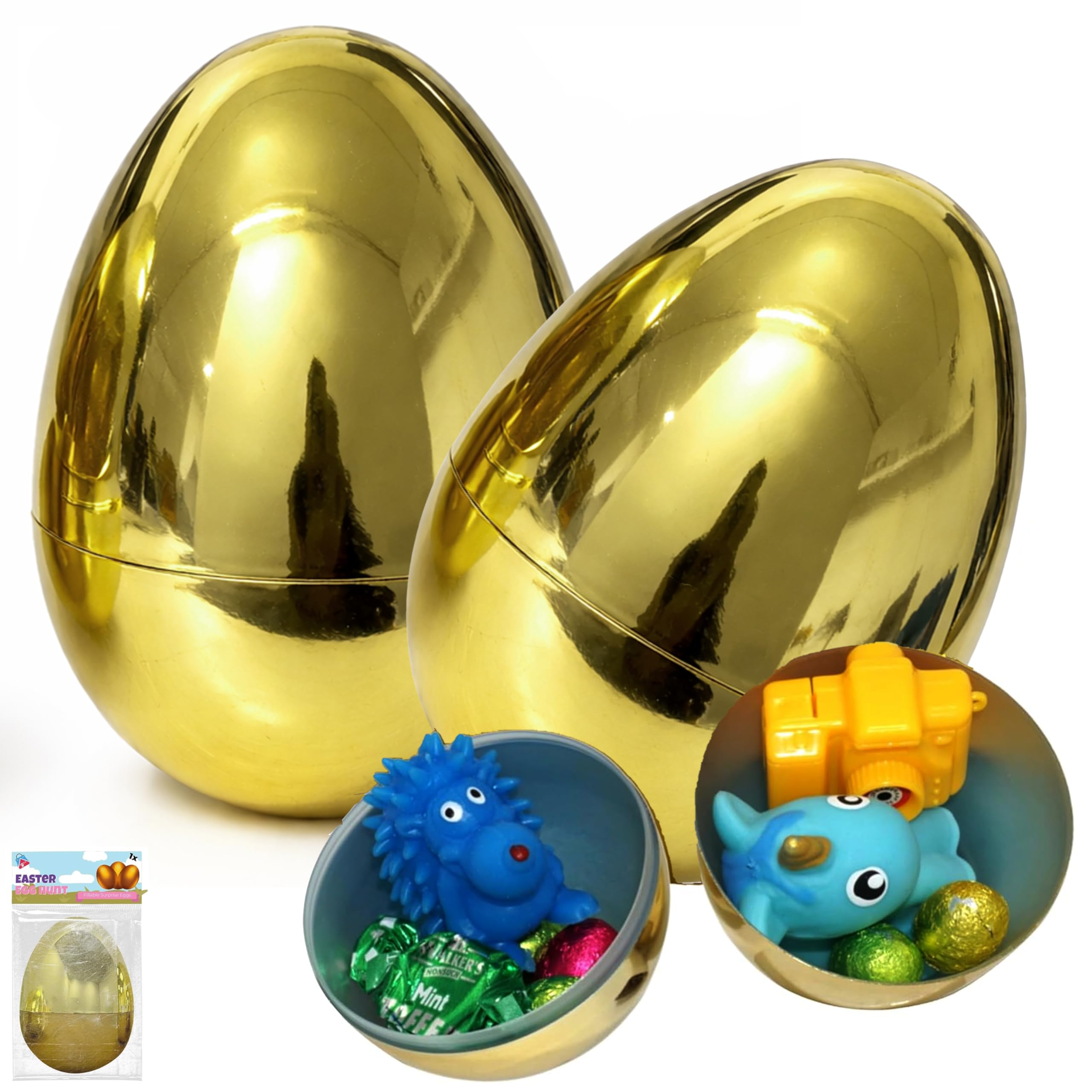 2x Easter Fillable Golden Jumbo Egg, 10cm Large Plastic Surprise Easter Egg for Filling Candies, Chocolate Toys and Surprises, Hunting Party Favours, Easter Basket Stuffer