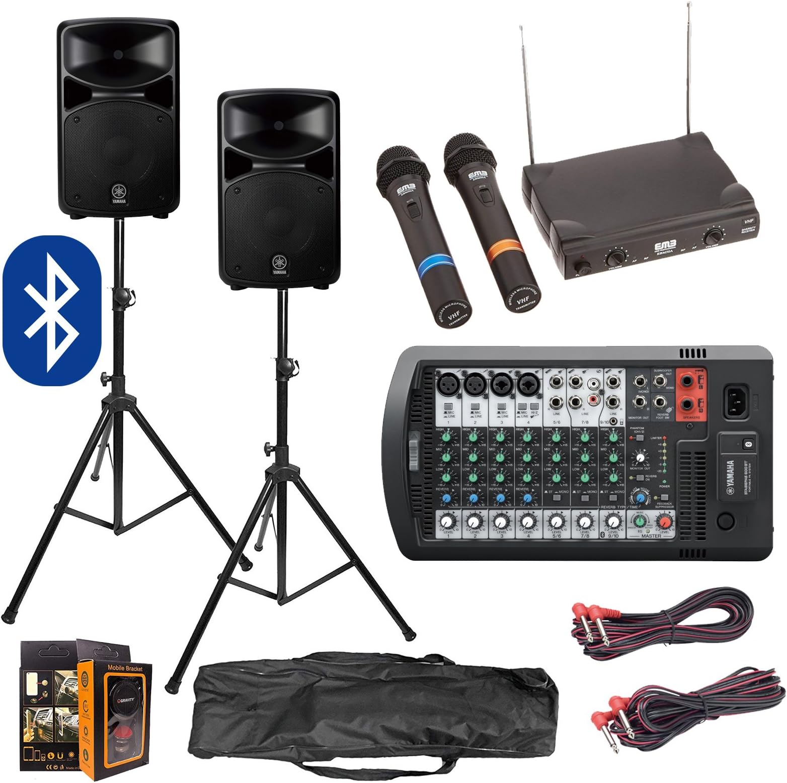 Yamaha Package Bundle – Stagepas 600BT Bluetooth Portable PA System with Speakers Stands, EMB VHF EBM50A Dual Wireless Microphone System, and Gravity Mobile Bracket