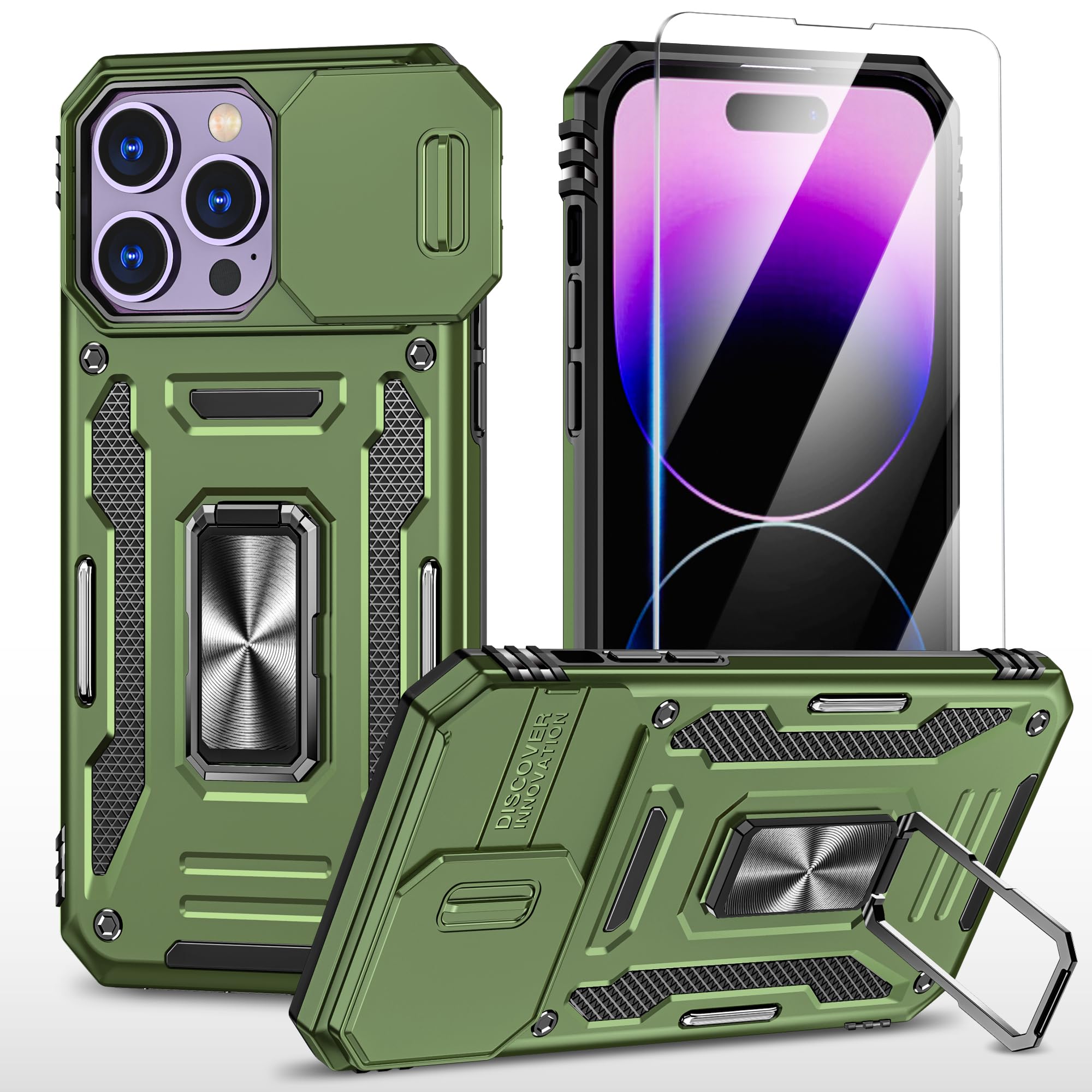 SunStory Compatible with iPhone 14 Pro Case with HD Screen Protector & Slide Camera Cover & Rotated Ring Kickstand, [Military-Grade] Phone Case for iPhone 14 Pro (Z_OliveGreen)