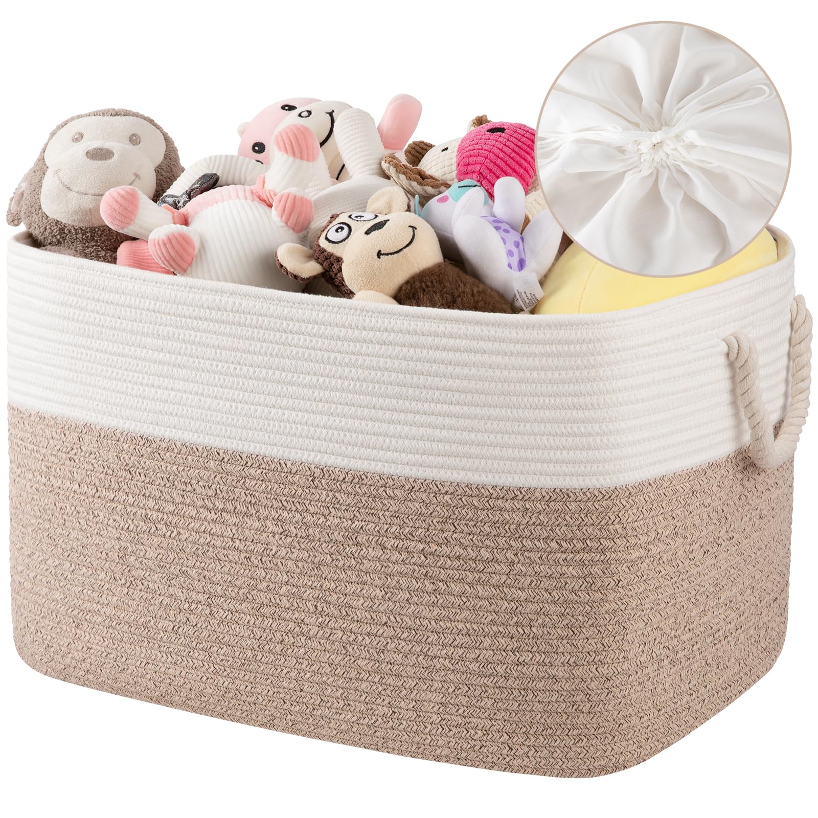 OIASKET 95L Extra Large Blanket Basket with Lid, 24" x 16.9" x 14.2" Woven Storage Basket for Living Room, Rectangle Nursery Blanket Storage for Toys, Towels, Dirty Clothes, Yellow & White Image