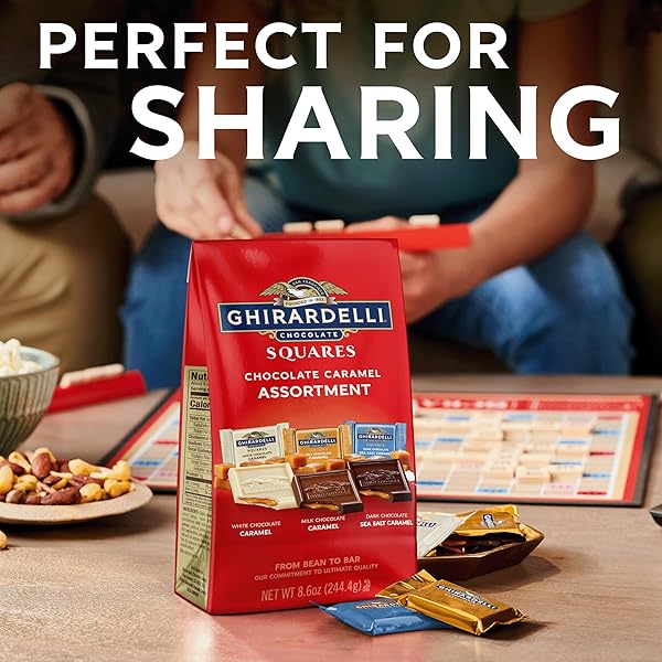 GHIRARDELLI CHOCOLATE CARAMEL SQUARES ASSORTMENT, 12.9 OZ BAG PREMIUM MILK, DARK, AND WHITE CHOCOLATE WITH LUSCIOUS CARAMEL FILLING