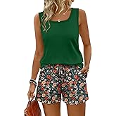 WIHOLL Two Piece Sets for Women Summer Lounge Short Sets Tank Square Neck Sleeveless Sweatsuit with Pocket