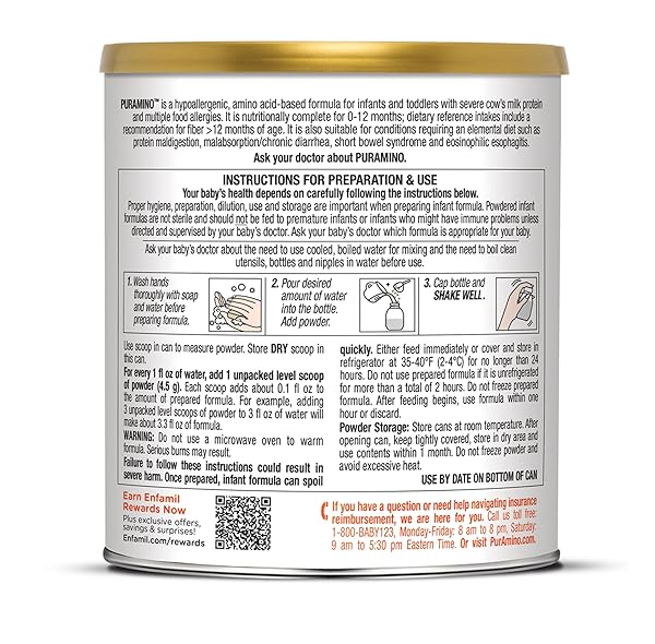 PURAMINO HYPOALLERGENIC INFANT DRINK, FOR SEVERE FOOD ALLERGIES, OMEGA-3 DHA, IRON, IMMUNE SUPPORT, POWDER CAN, 14.1 OZ