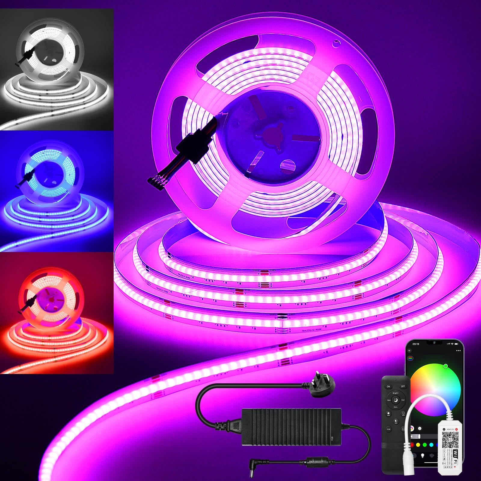 INDARUN RGBW Cob Led Strip Light 5m, 24V 5A RGBW WiFi Led Strip Set with APP Control, 784LEDs/Meter 5m Led Tape Light Kit for Home Decoration, Compatible with Alexa/Google Home