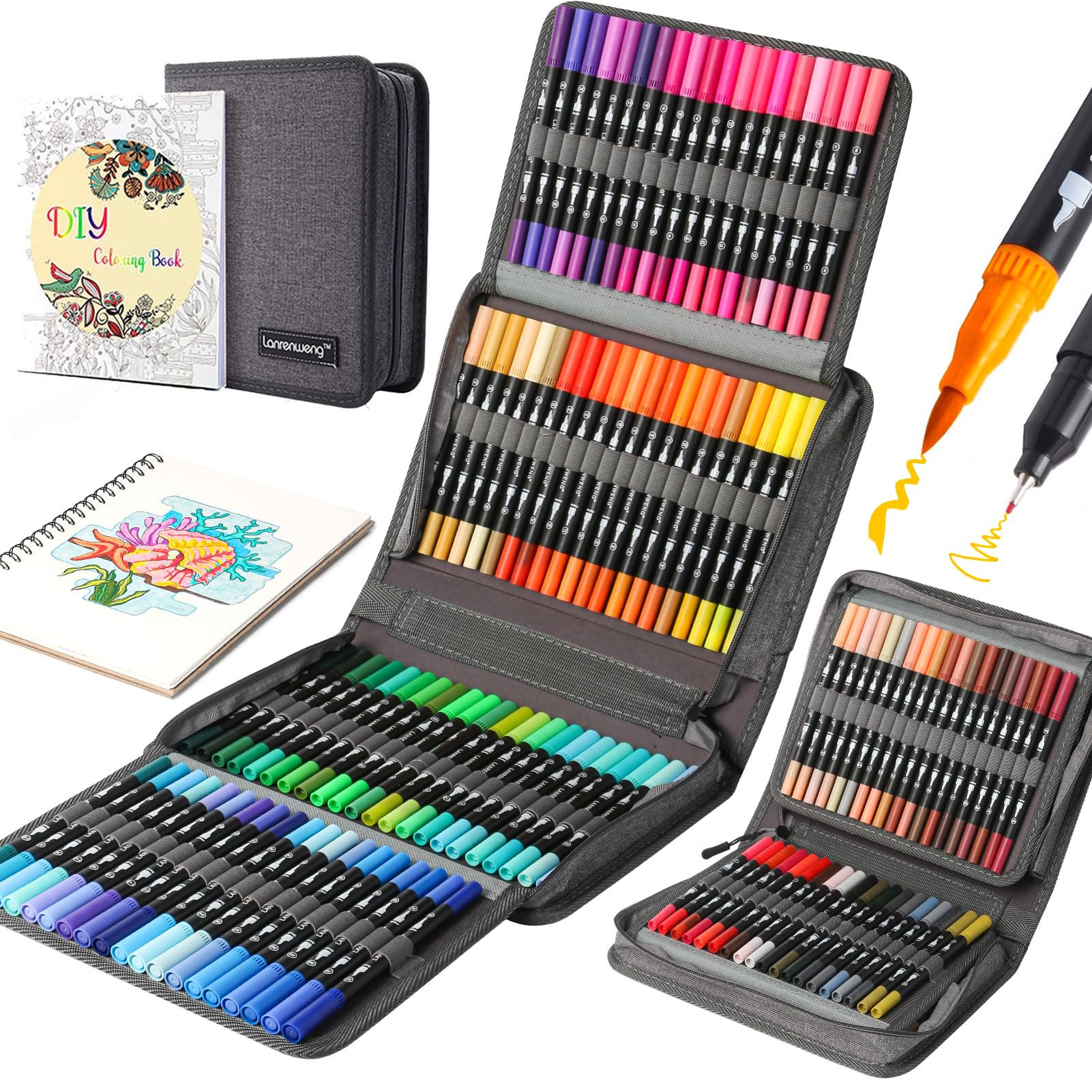 120 Colors Dual Tip Colouring Pens Brush Pens Fineliners Art Markers, Watercolor Marker and Highlighters with Canvas Bag for Adult Coloring Books Drawing Sketching Bullet Journal Calligraphy