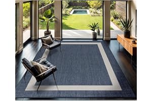 CAMILSON Outdoor Rug 9x12, Large Modern Outside Rugs for Patios Porches Waterproof Durable Washable Non-Shedding, Easy-to-Clean Indoor Outdoor Area Carpet (9 x 12, Bordered - Blue/White)