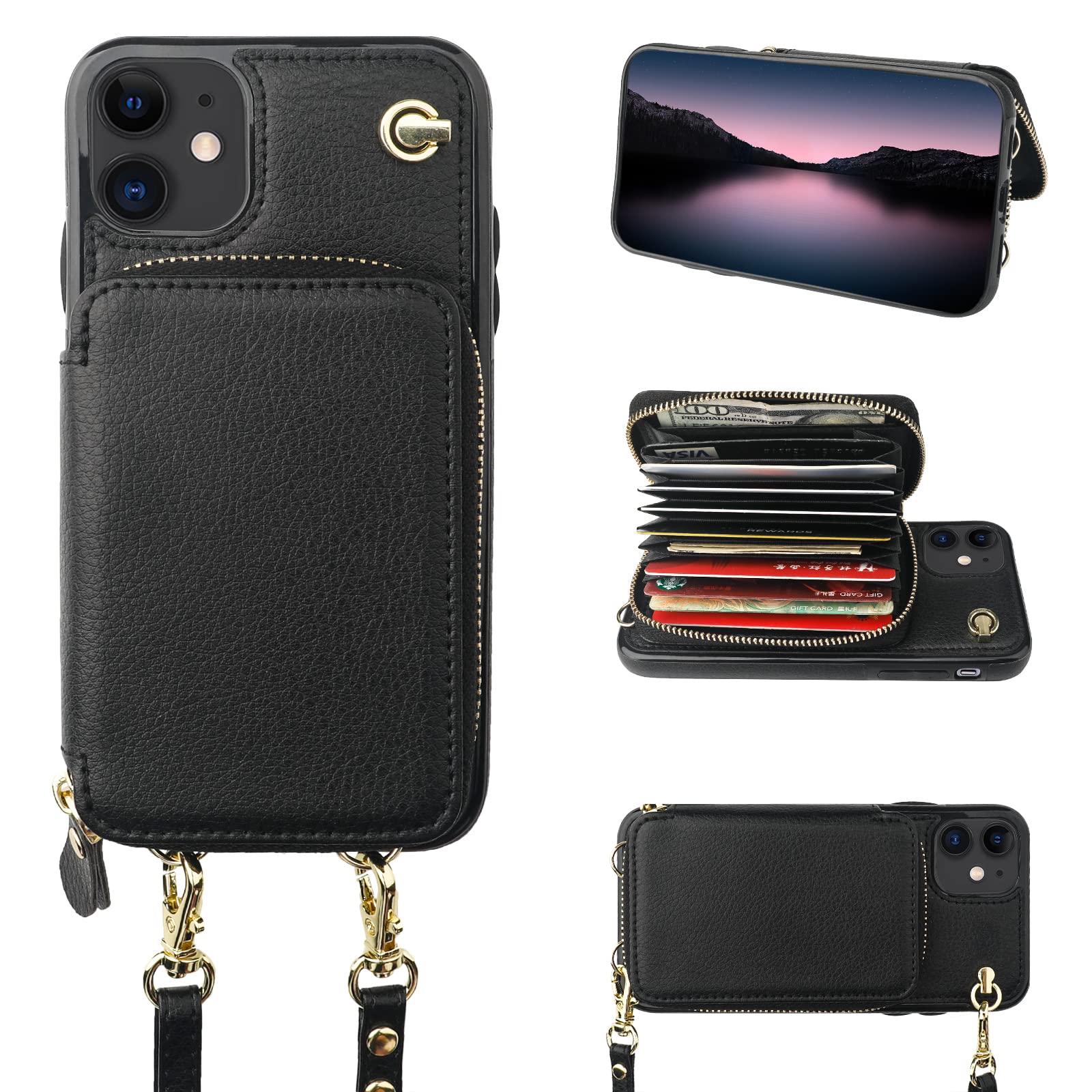 Photo 1 of Bocasal Crossbody Wallet Case for iPhone 11, RFID Blocking Leather Purse Case with Card Holder, Protective Handbag Flip Cover with Zipper Wrist Strap Lanyard for Women 6.1 Inch (Black)