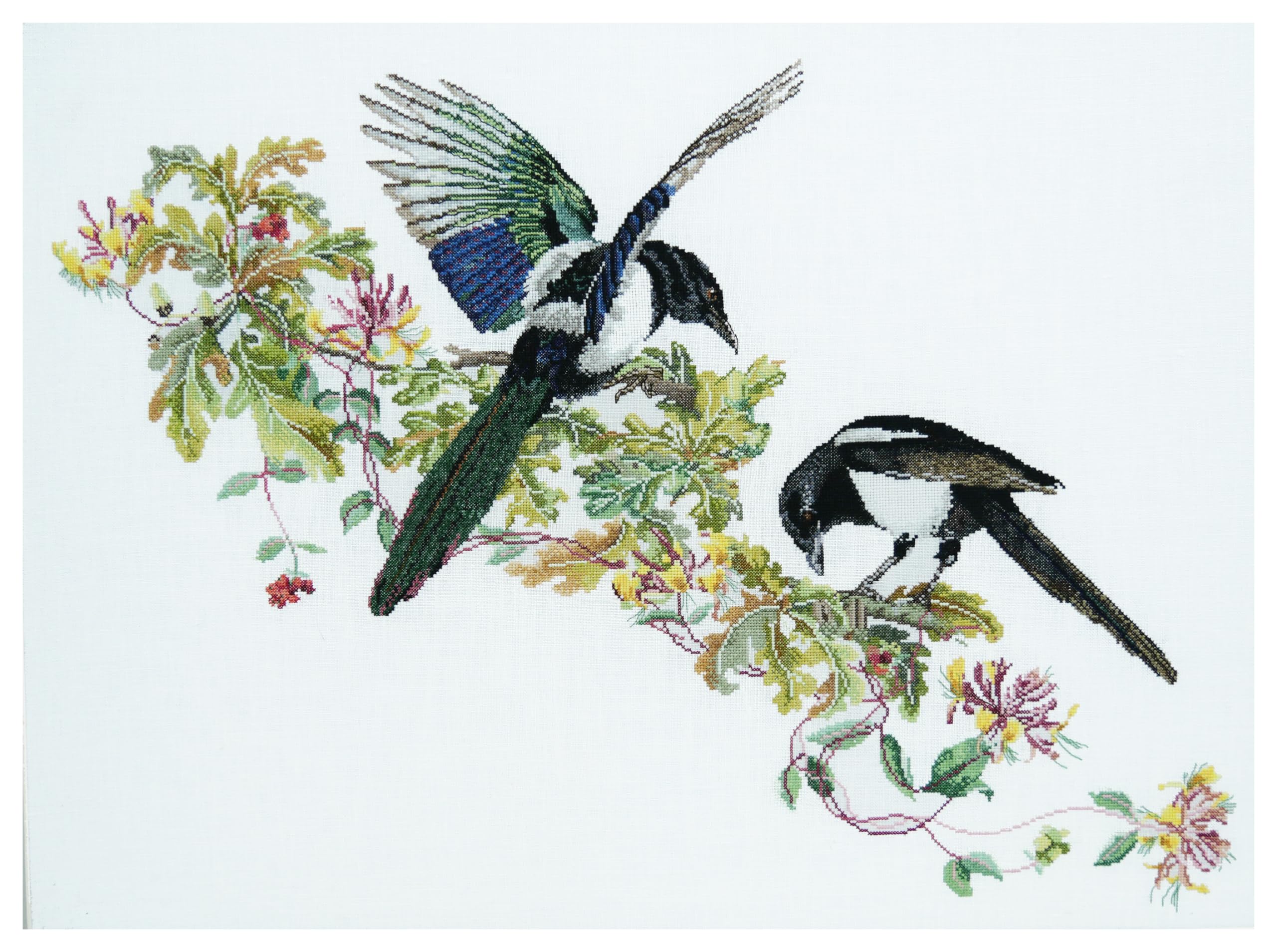 Thea Gouverneur - Counted Cross Stitch Kit - Magpie - Linen - 36 Count - Embroidery Kit for Adults - DMC Embroidery Threads and Other Cross Stitch Supplies Included - 1075