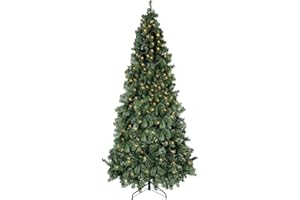 Okicoler 7.5ft Holiday Artificial Pre-lit Christmas Pine Tree with LED Warm Lights,Metal Hinges & Foldable Base,Easy Assembly for Home,Office, Green