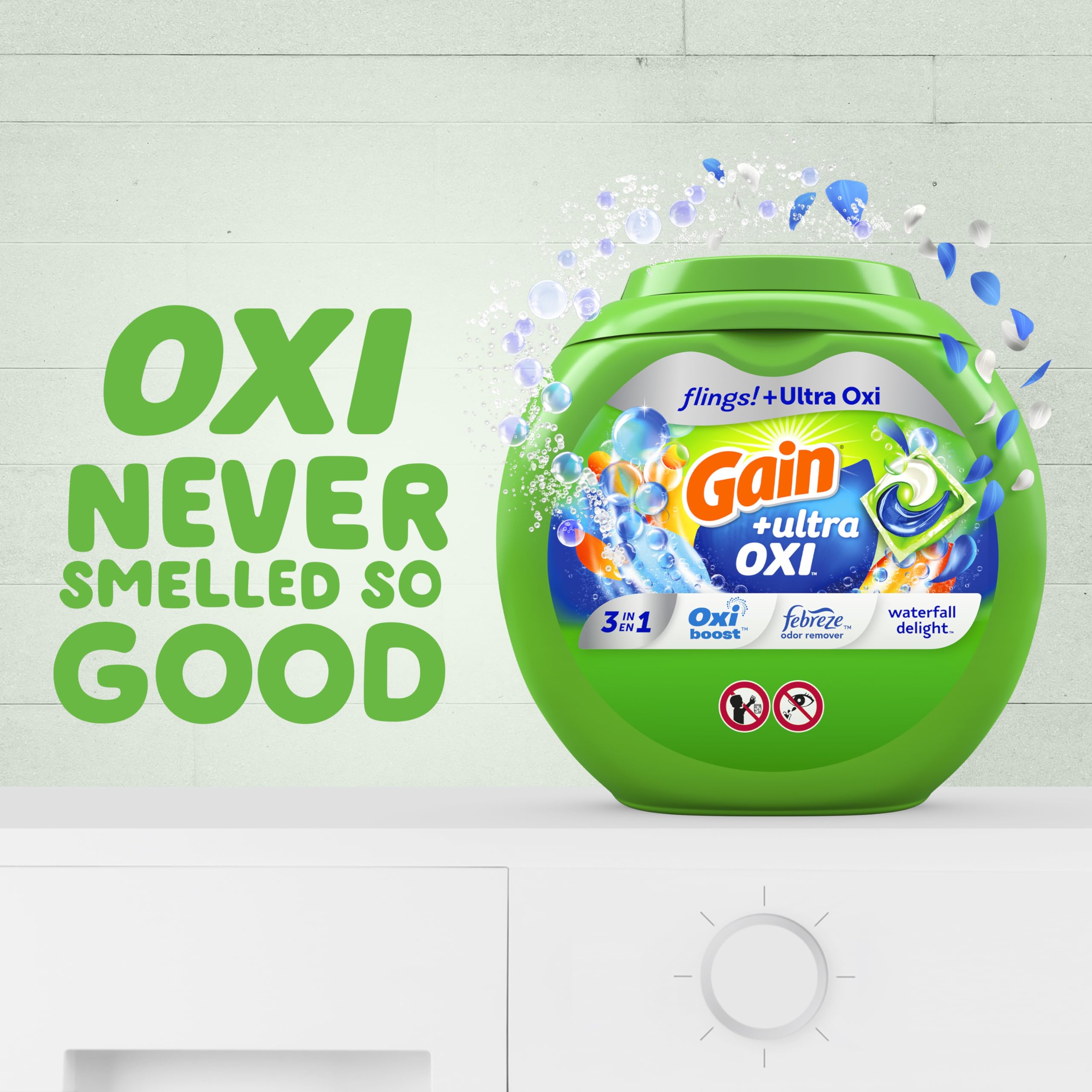 Gain flings Ultra Oxi Laundry Detergent Pacs 3-in-1 HE Compatible, Waterfall Delight Scent, 76 Count