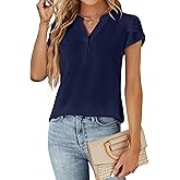 Blooming Jelly Women Dressy Business Casual Tops Work Blouses V Neck Chiffon Button Down T Shirts (S, Dark Blue)