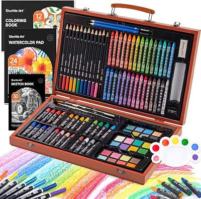 Shuttle Art 106 Piece Deluxe Art Set Wooden Case Pencils Oils Watercolors