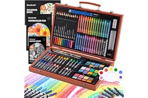 Shuttle Art 106 Piece Deluxe Art Set, Art Supplies in Wooden Case, Painting Drawing Art Kit with Crayons Colored Pencils Oil Pastels Watercolor Cakes Coloring Book Sketch Pad for Kids Adults