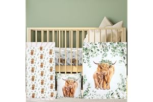 HunnmingRe Baby Highland Cow Crib Bedding Set 3 Pcs Crib Set Baby Blanket, Fitted Sheet, Pillowcase Soft Flannel Nursery Bedd