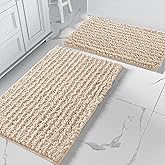 Yimobra Bathroom Rugs Sets 2 Piece - Quick Dry Extra Thick Luxury Chenille Bath Mat, Non Slip Super Absorbent for Tub Shower Sink, Machine Washable Shaggy Floor Mat, 32"x20"+24"x17" Inch, Light Brown