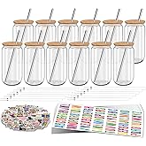Paoren 16 oz Clear Plastic Cups Reusable with Bamboo Lids and Straws & DIY Sticker, 12Pack Acrylic Mason Jars Iced Coffee Drinking Glasses Cup for Park Picnic, Poolside, Party Giveaways