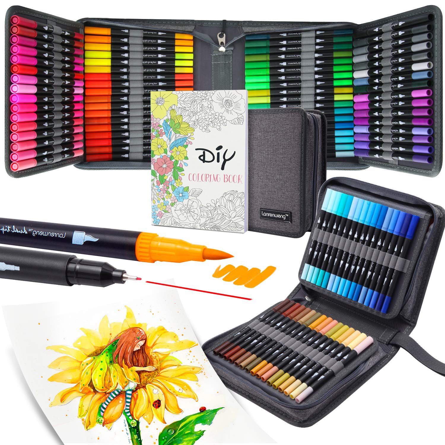 100 Colouring Pens,Dual Watercolor Marker Pens with Fineliner & Brush Tip Pens Felt Tip Pens Set,Colouring Markers Watercolour Brush with Case for Adults Artist Coloring Calligraphy Drawing Sketching
