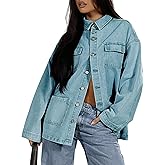 KWSTAIN Jean Jacket Women 2025 Trendy Oversized Cargo Button Down Long Sleeve Casual Thick Denim Shacket Coat with Pockets