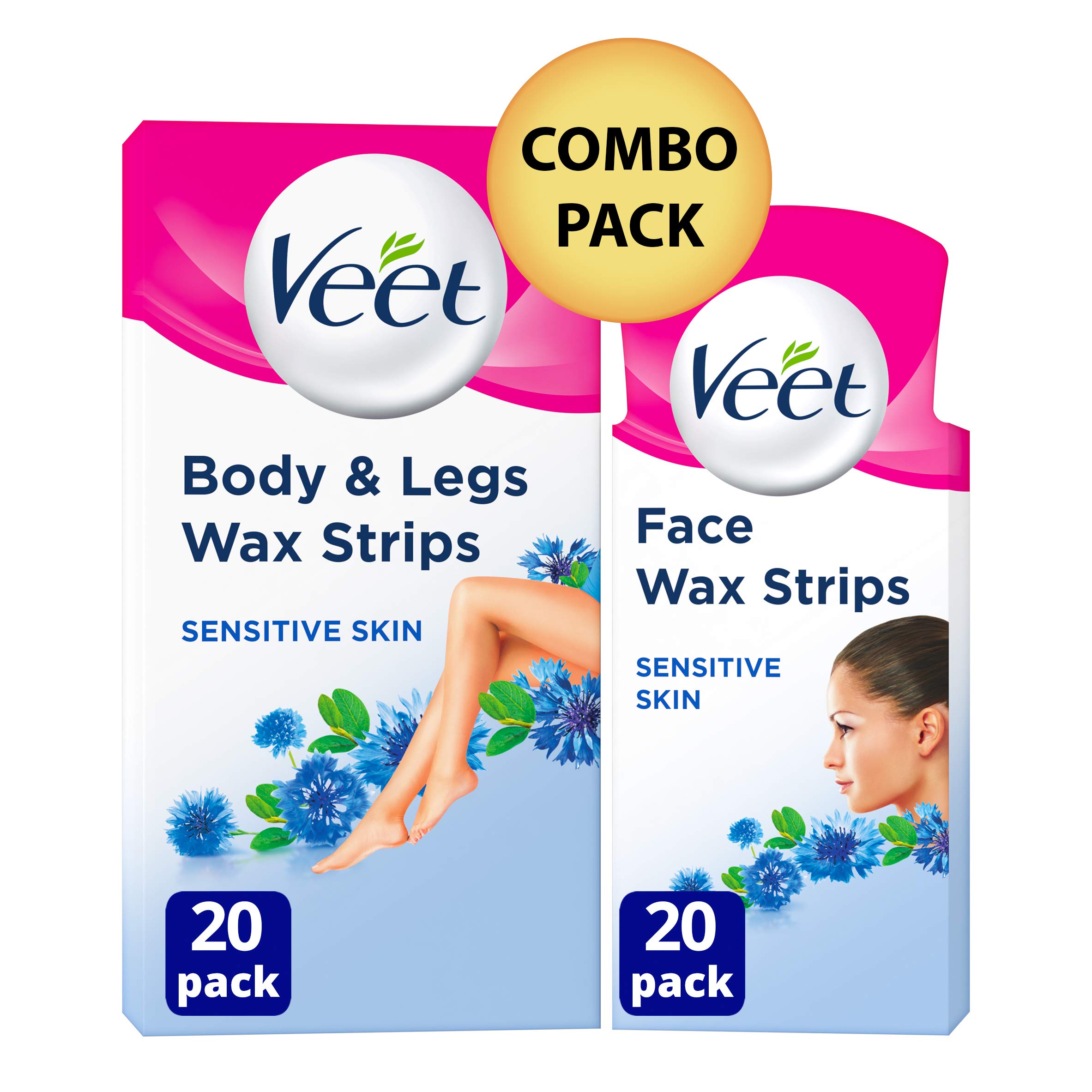 Veet Hair Removal Wax Strips for Sensitive Skin Face (20 Strips) and Legs & Body (20 Strips), Total 40 Strips