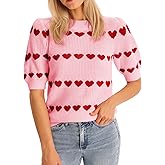 Saodimallsu Womens Heart Striped Sweaters Valentines Puff Short Sleeve Sweaters Cute Lightweight Knit Crewneck Tops