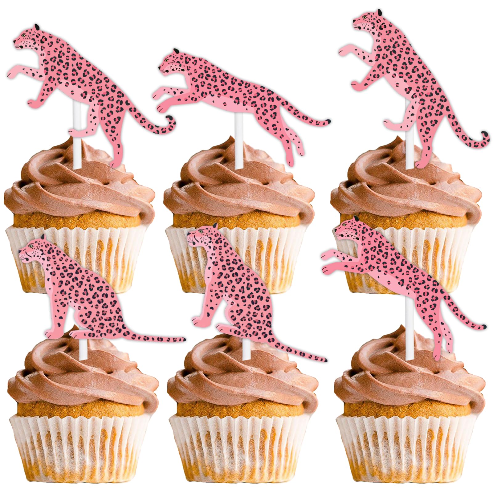Photo 1 of 18pcs Pink Glitter Cheetah Dessert Cupcake Topper for Animal Leopard Theme Decor Supplies Baby Shower Boys Girls Happy Birthday Party Decoration