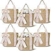 Clysee 6 Pcs Bridesmaid Straw Beach Bags Reusable Woven Burlap Tote Bags with Handles Ribbon for Bachelorette Wedding Gifts(White)