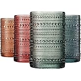 Khen Hobnail Beaded Highball Drinking Tumbler Glasses | Set of 4 | Color, Vintage Bubble Design Whiskey Glassware, Old-Fashioned, Embossed Design for Water, Wine, Cocktail Embossed, Rocks Glass