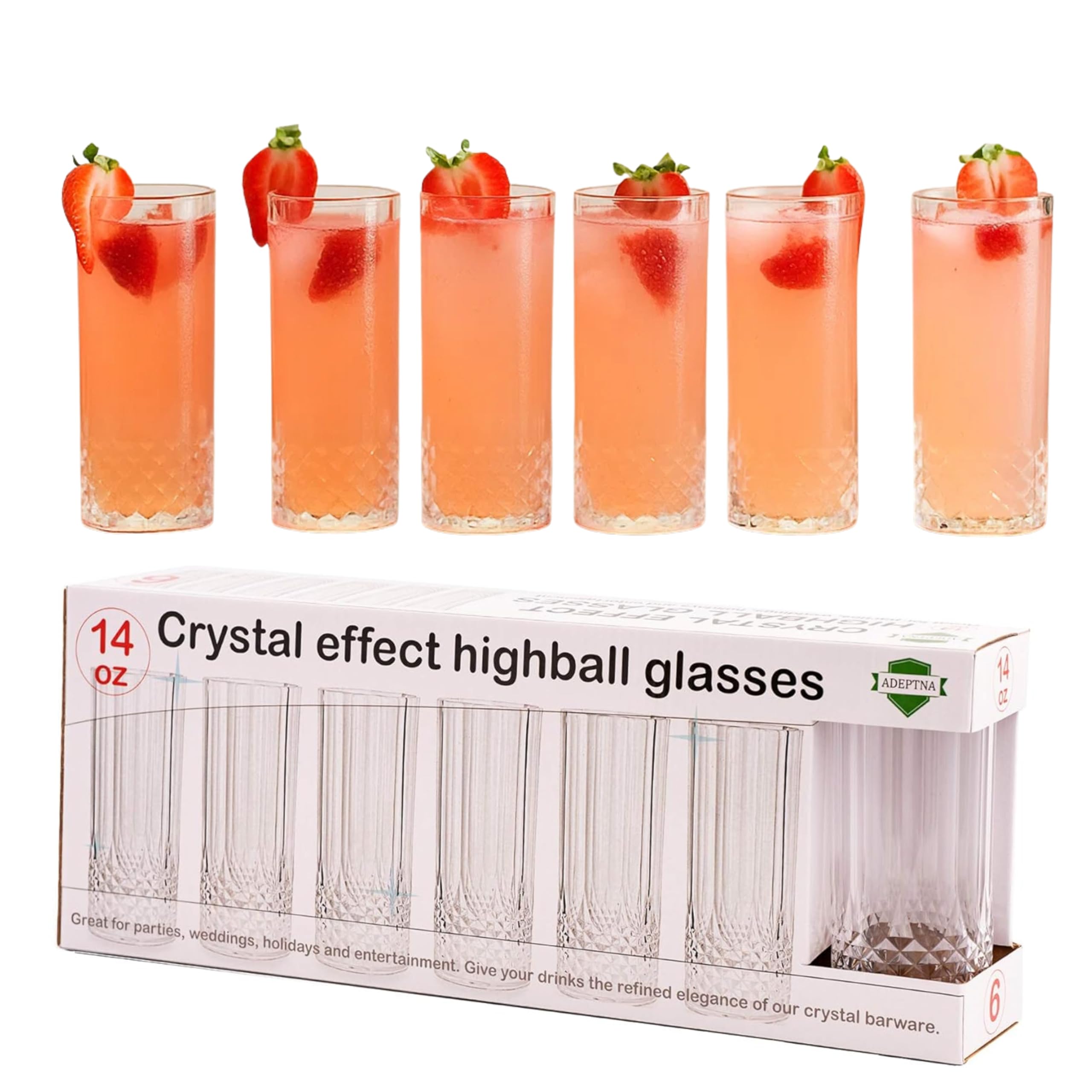 ADEPTNA Durable 6PK Clear Crystal Effect Long Drink Glasses - Plastic Highball Whiskey Wine Champagne Flute Glasses Tumblers Drinks Cups Reusable