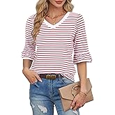 LilyCoco Striped Shirt Women Ruffle 3/4 Sleeve Casual V Neck T Shirts