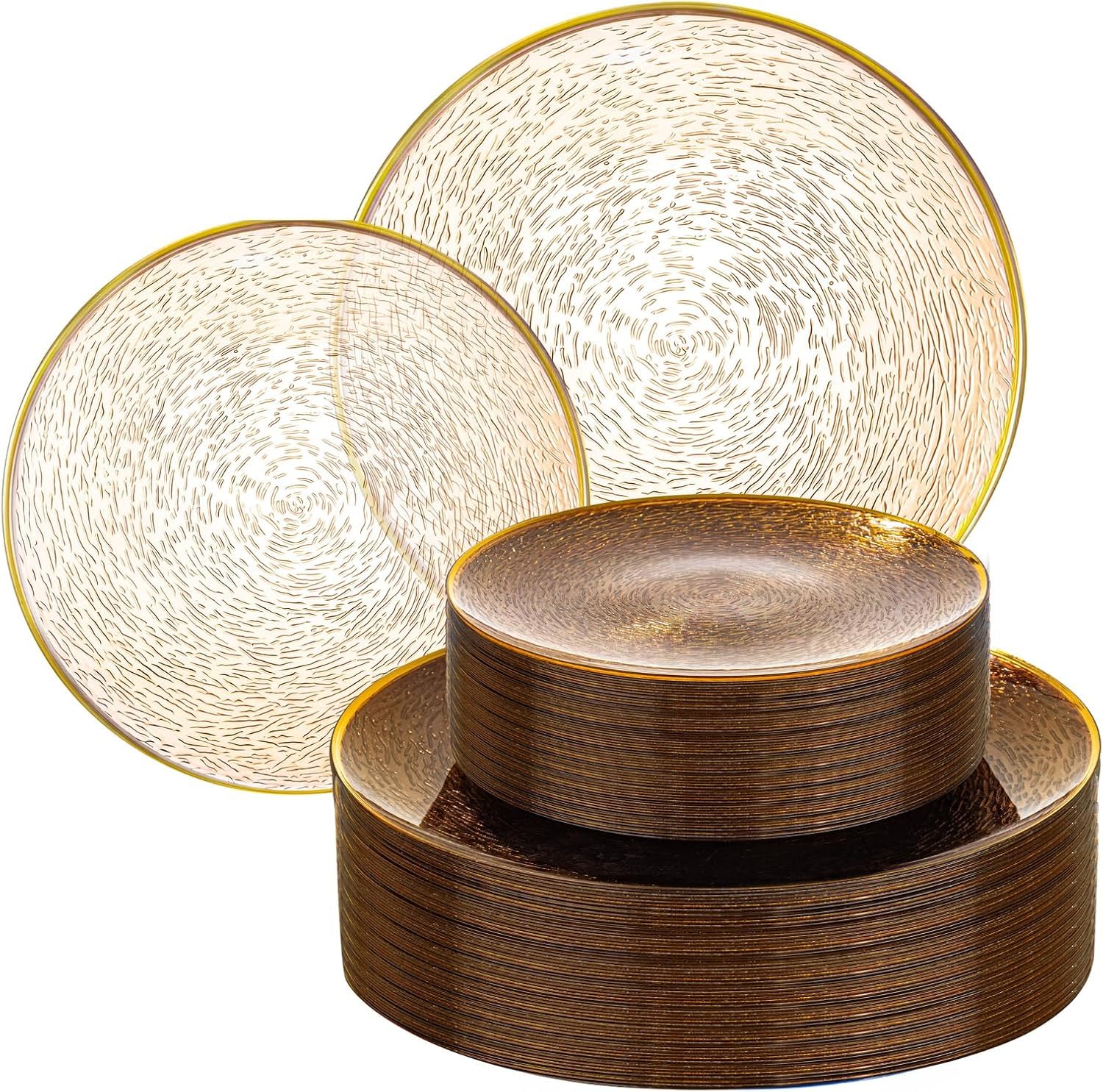 Liacere 60Pcs Brown Plastic Plates - Brown Disposable Plates With Gold Rim, Heavy-duty Amber Plates,Water ripples Party Plates Include 30 Dessert-Platos,30 Dinner-Platos for Party&Easter Image