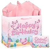 EoBeCy Pink Axolotl Birthday Gift Bag with Tissue Paper and Greeting Card, Cute Animals Wrapping Paper for Girls Boys Kids Birthday Decorations Party Supplies