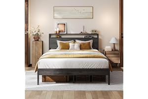 LIKIMIO Full Bed Frame with Headboard, Dark Wood Camas Full with Strong Supports, Sturdy, Noise-Free, No Box Spring Needed, Charcoal Grey