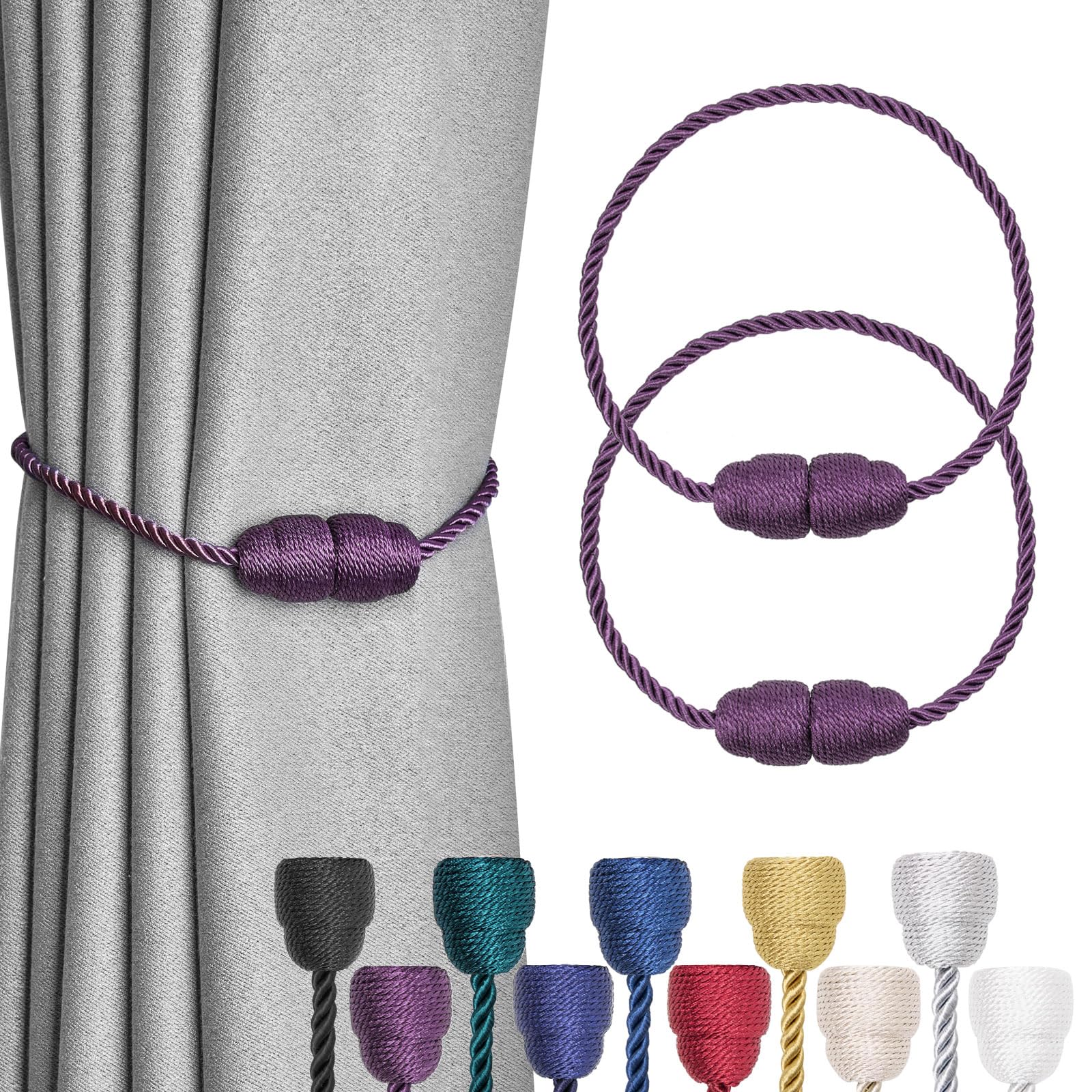 Pretty Jolly 2 Pack Strong Magnetic Curtain Tiebacks Handmade Weave Side Rope Curtain Holdbacks Unique & Elegant Decorative Curtain Drape Tie Backs for Home & Office Window Drapery (Purple)