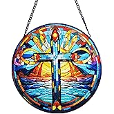 Stained Glass Cross Window Hanging, 8''/20CM Suncatchers for Windows Diamond Textured Glass Cross Decorative Hanging Ornaments Stained Glass for Chirstmas Suncatcher Window Panel Gift Home Decor (B)
