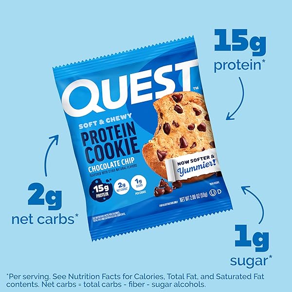 QUEST NUTRITION CHOCOLATE CHIP PROTEIN COOKIE, 15G PROTEIN, 1G SUGAR, 2G NET CARBS, KETO FRIENDLY, HIGH PROTEIN, LOW CARB; 12 COUNT