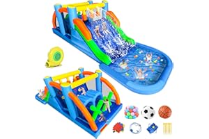 RETRO JUMP Bounce House,8 in 1 Inflatable Obstacle Course Bounce House,Inflatable Water Slide,Waterslide Park with Climbing Wall,Large Splash Pool,Obstacles,Sprinkles,Bouncy Castle Water Slide