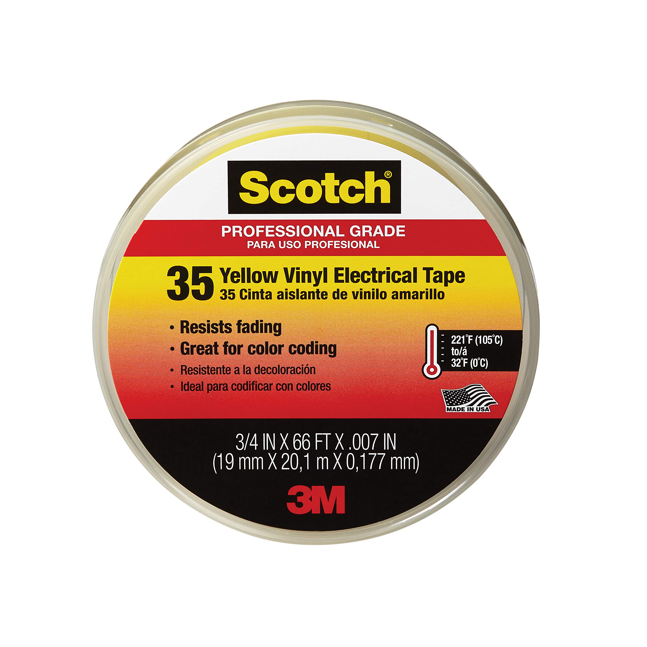 Scotch 35 Vinyl Electrical Tape, 10844DL5, 3/4 in x 66 ft, Yellow