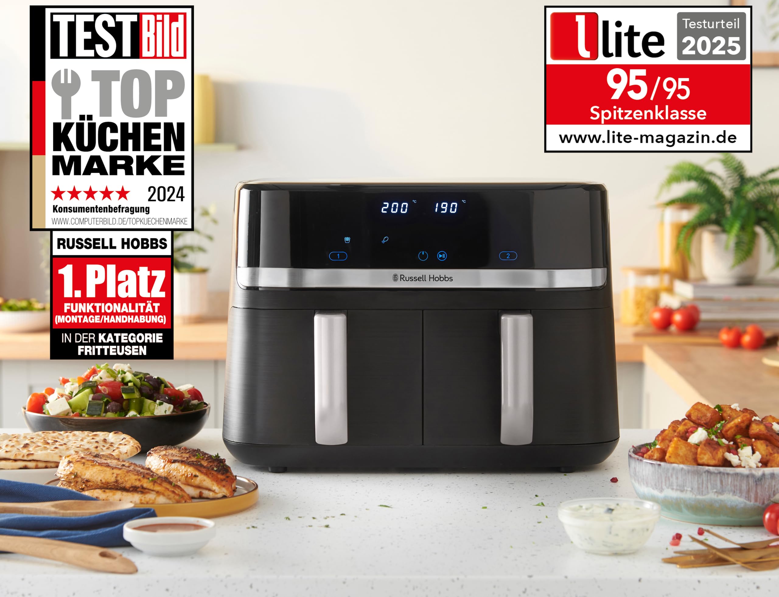 Russell Hobbs Heißluftfritteuse 2 Kammern 9L Rapid AirFryer [2 Fächer je 4,5l, sehr leiser Betrieb, 9 Programme] SatisFry Fritteuse (spülmaschinenfest, Match & Synchronisierungsfunktion) 27681-56 2