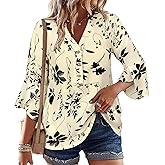 LOOKBOHO Womens Boho Tops 3/4 Sleeve Floral Blouses Casual Dressy Button V-Neck Floral Work Business Shirts Black XXL