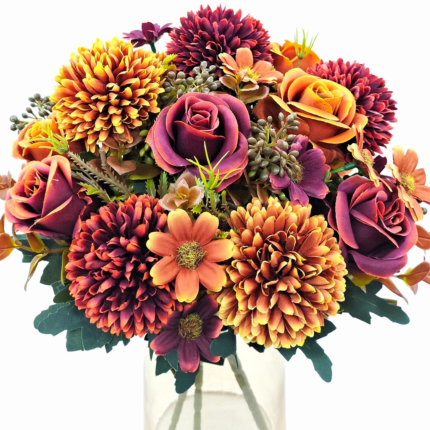 Photo 1 of Guagb 3 Pcs Fall Flowers Artificial Mums Silk Chrysanthemum Rose Daisy Bouquet Fake Mum Faux Floral Arrangements Home Indoor Outdoor Planter Decor Party Wedding Table Autumn Decoration