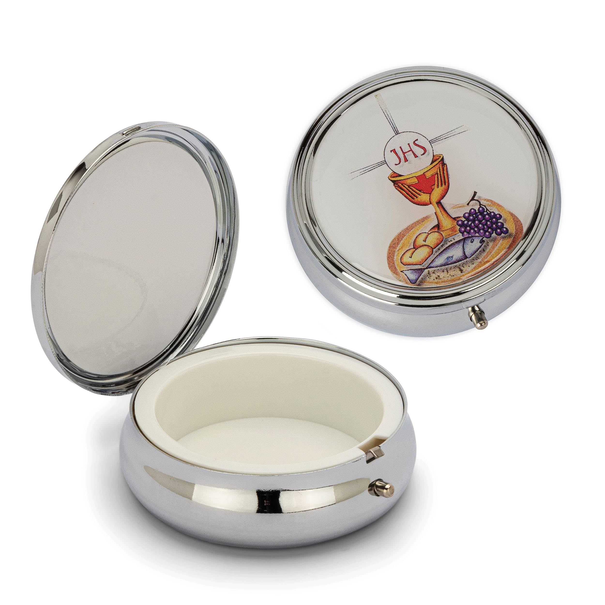 NKlaus silver metal case chalice motive 6x2cm rosary hosts box small communion 2544