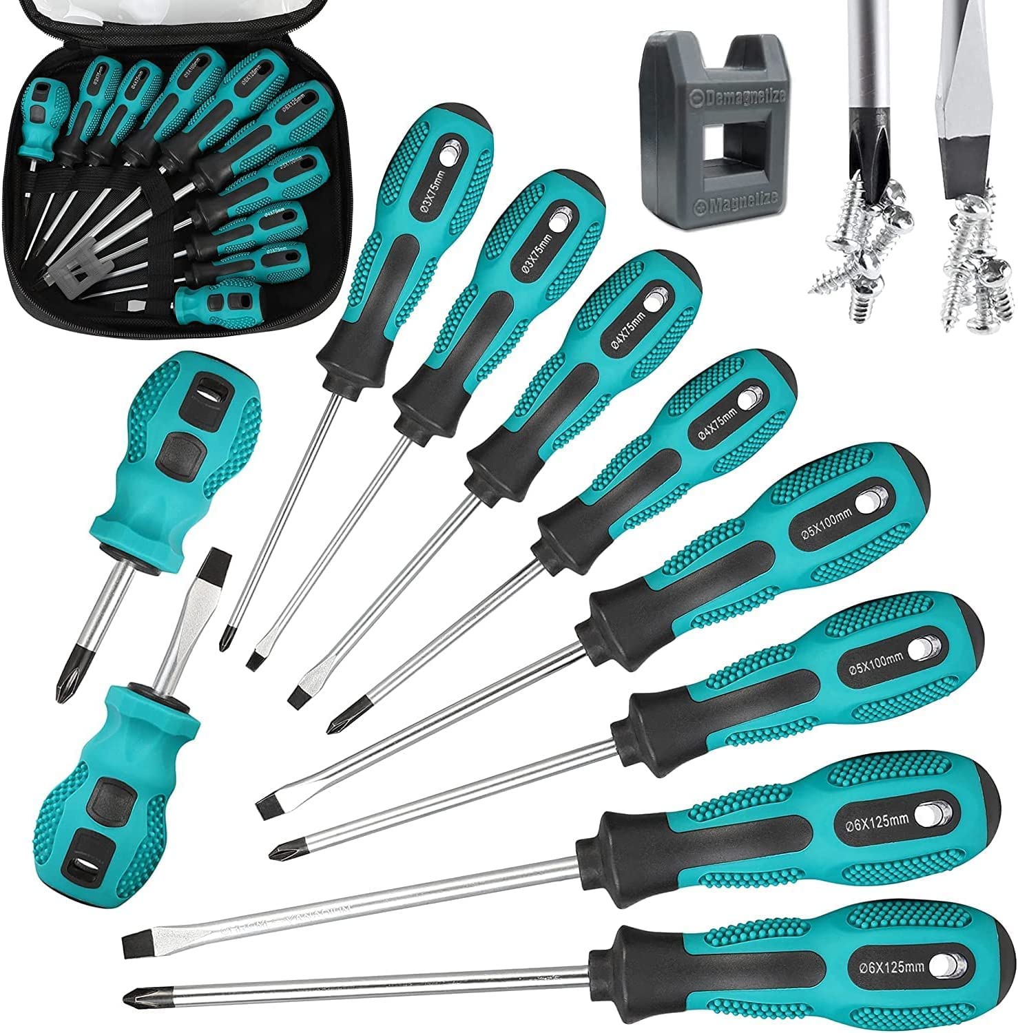 WAIZHIUA 11-Piece Screwdriver Set - 5 Flat Head & 5 Phillips Heavy Duty Magnetic Screwdrivers with Ergonomic Soft-Grip Handles, Includes Magnetizer/Demagnetizer, 5 Size