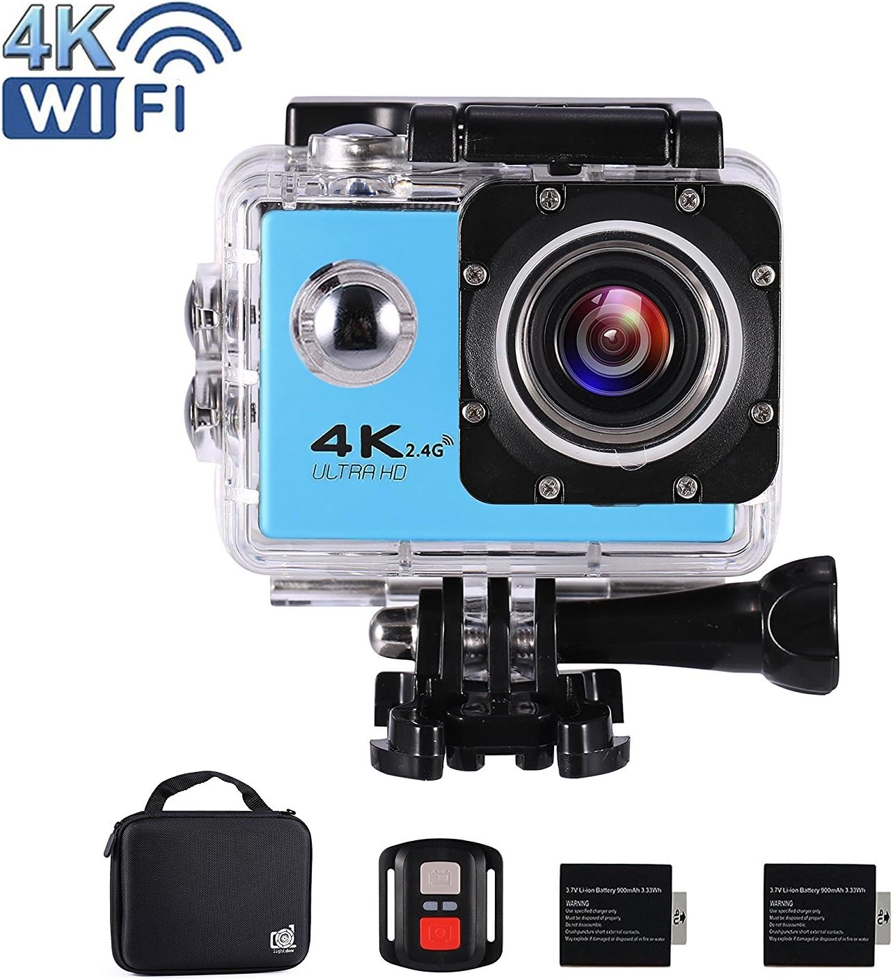 Action Camera 4K 16MP Wi-Fi Sport Cam Underwater 30M Diving Camcorder with 2.0" LCD Screen, 170° Wide Angle(Portable Case + 2 Batteries + 2.4G Remote Control + Tripod + Battery Charging Dock)