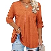 Kancystore Plus Size Tops for Women 3/4 Length Sleeve Shirts V Neck Tunic Blouses Spring Clothes
