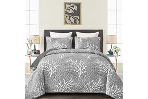 DJY Grey Quilt Set King Size - Branch Botanical Pattern Bedspread Coverlet Set, 3 Pieces Gray Floral Quilt Bedding Set, Soft Lightweight Microfiber Reversible Bed Cover for All Season, 110''x90''
