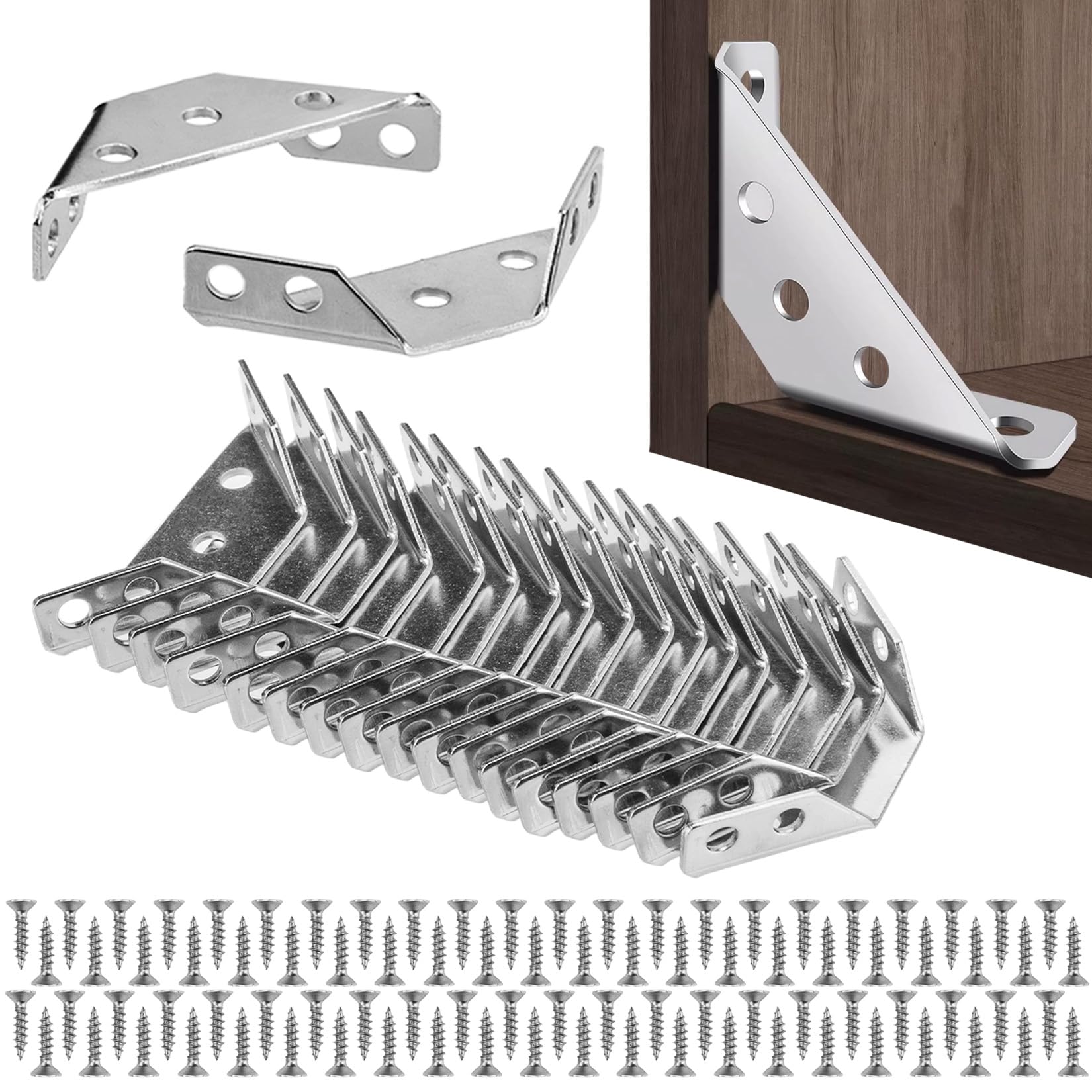woshilaoDS 22 Pcs Furniture Corner Connectors, Metal Angle Brackets for Wood, Universal Stainless Steel Triangle Support Frame Corner Braces for Wood Shelf Table Cabinet, with Screws