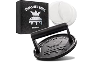 Smasher King™ - Premium Cast Iron Smash Burger Press incl. 25 pcs of Patty Paper, Burger Smasher for Griddle with Black Wood 