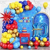 Red Blue Yellow 10th Birthday Balloons Arch, Royal Blue Metallic Gold Balloon Garland Kit, Red Star Foil Blue Number 10 Balloon Tower for 10 Year Old Kids Boys Birthday Baby Shower Party Decorations