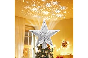 DILENK Christmas Tree Topper Star: Lighted with 6 Projected Patterns Snowflake Projector Lights-3D Hollow Glitter LED Magic Rotating Light for Christmas Tree Decorations Ornament Silver