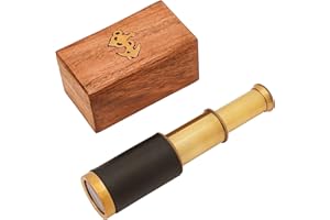 Mythrojan Brass Handheld Telescope 6" Mini Spyglass with Wooden Box, Pirate Binocular, Spyglass Collapsible Monocular Decorative Cosplay Accessory for Travellers, Adventures